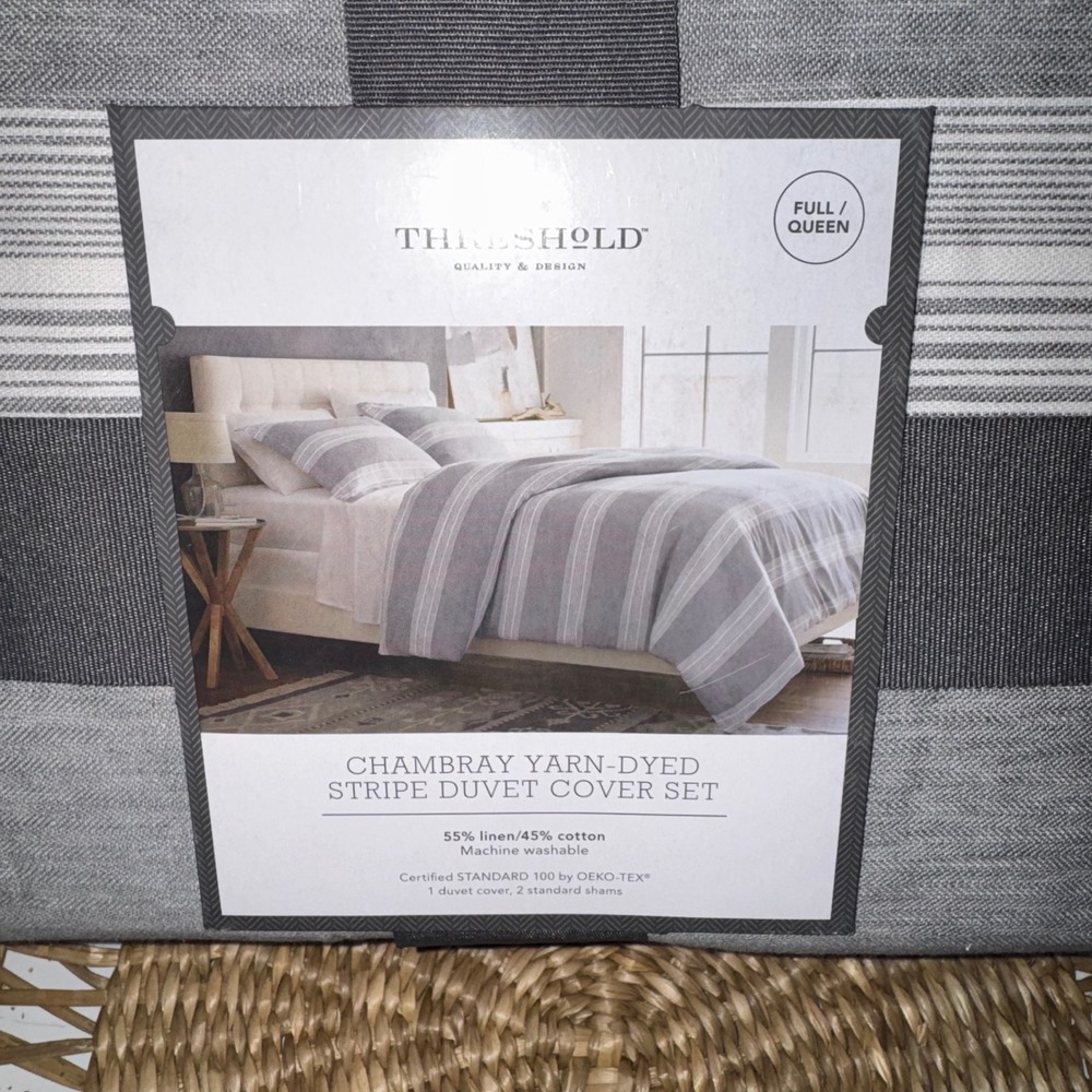 Threshold Chambray Stripe Duvet Cover Set Gray Full/Queen 3pc Linen Blend - Picture 5 of 6